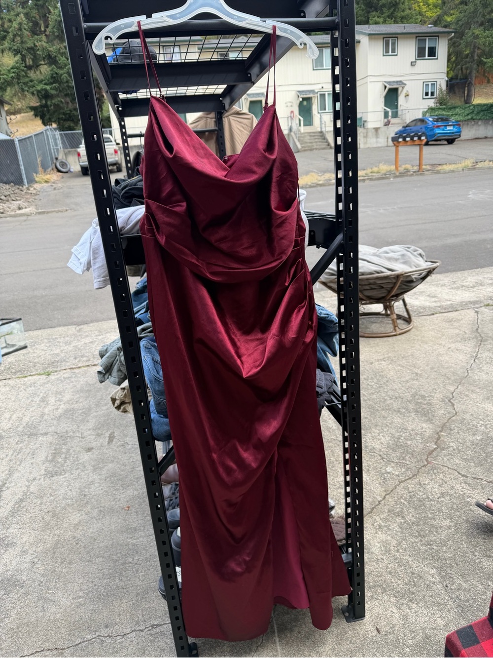 Birdy Grey Burgundy Satin Cowl Slip Prom Dress